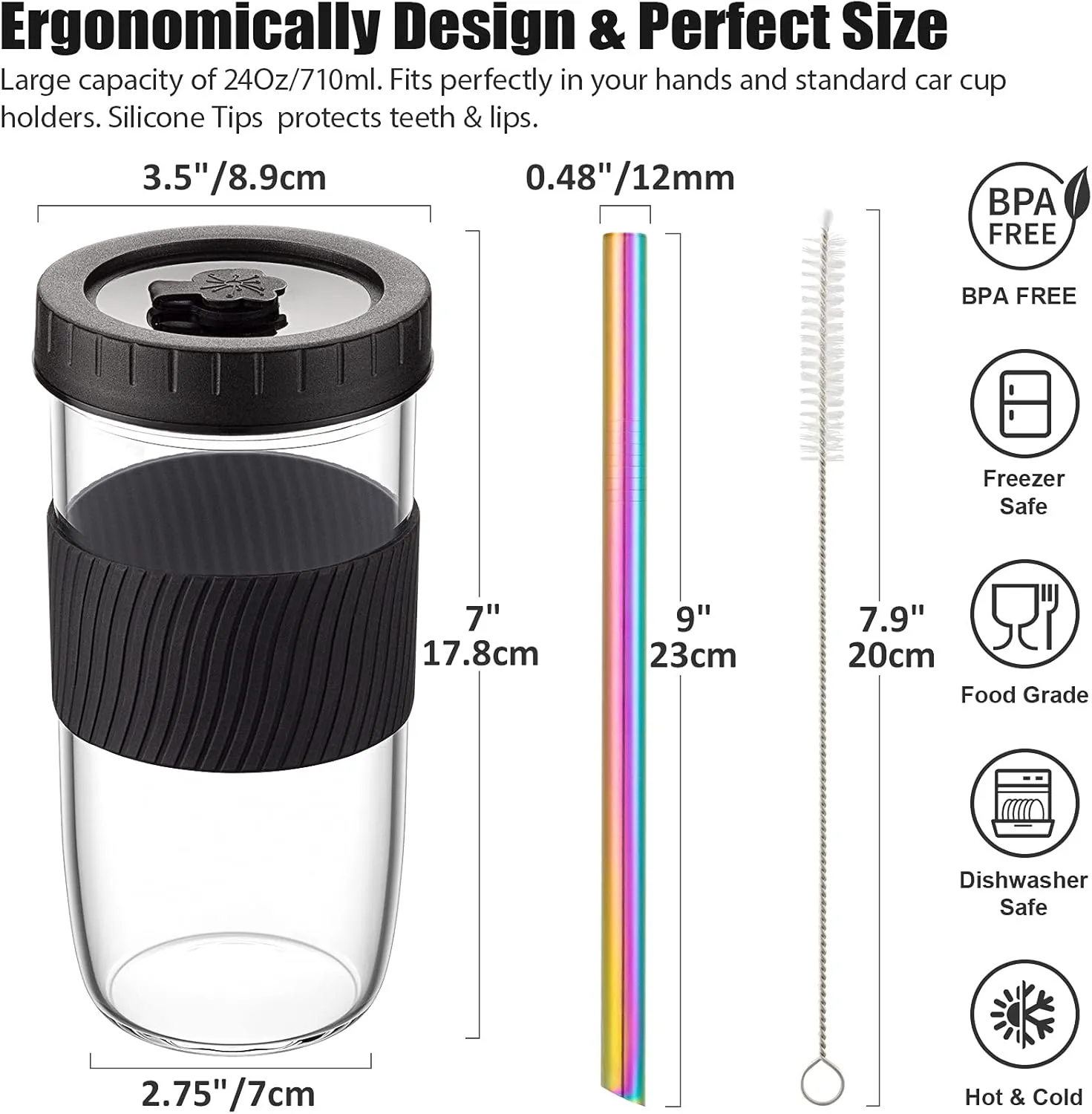 Reusable Glass Mason Jars Cups with Lids and Straws Silicone Sleeves, 4 Pack 24Oz Wide Mouth Smoothie Cups Glass Bubble Tea Cup Leakproof drinking glasses Travel Tumbler for Large Pearl Birthday Gifts
