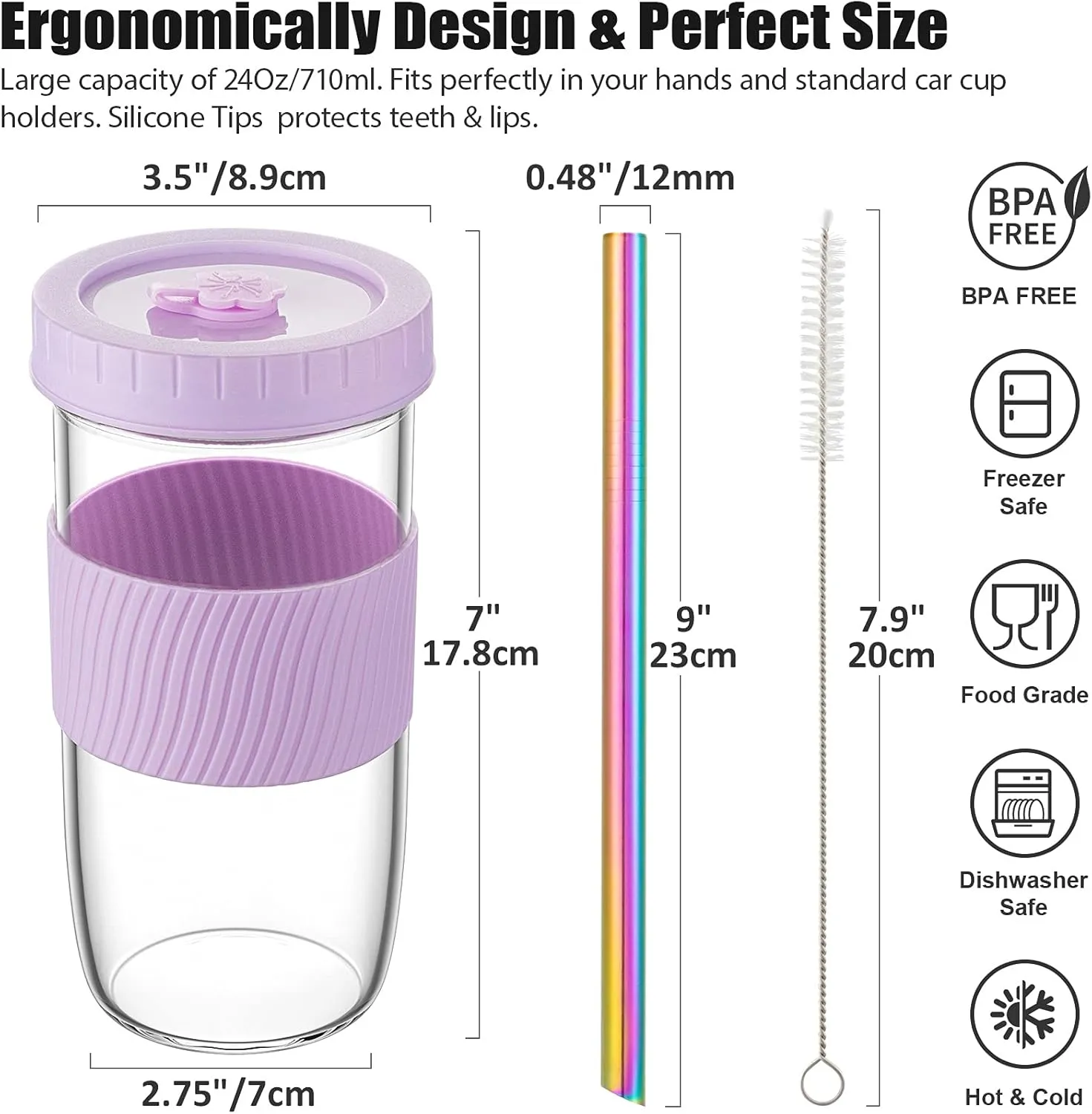 Reusable Glass Mason Jars Cups with Lids and Straws Silicone Sleeves, 4 Pack 24Oz Wide Mouth Smoothie Cups Glass Bubble Tea Cup Leakproof drinking glasses Travel Tumbler for Large Pearl Birthday Gifts