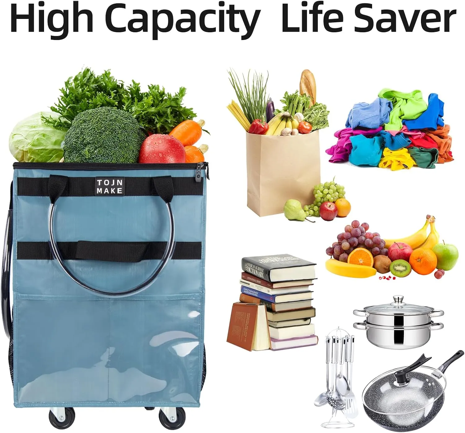 Reusable Grocery Bag On Wheels (Large, Blue) Shopping Trolley with 8 Pockets and Zipper Cover Foldable Rolling Tote, Heavy Duty Handles, Carries Up to 66 LBS