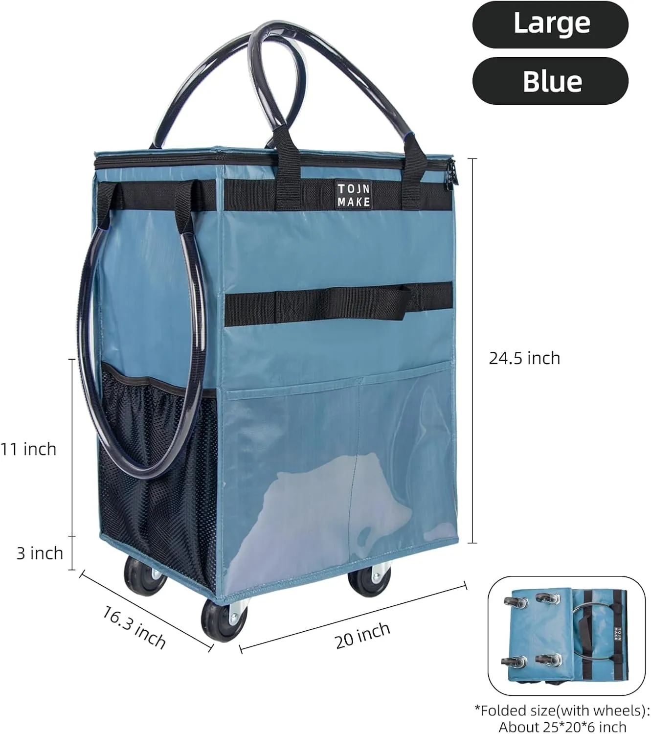 Reusable Grocery Bag On Wheels (Large, Blue) Shopping Trolley with 8 Pockets and Zipper Cover Foldable Rolling Tote, Heavy Duty Handles, Carries Up to 66 LBS
