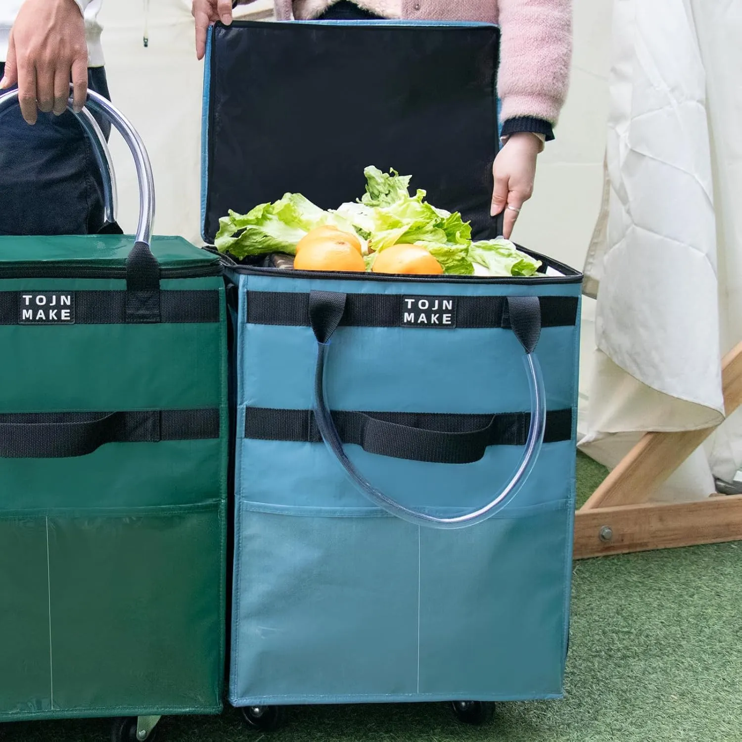 Reusable Grocery Bag On Wheels (Large, Blue) Shopping Trolley with 8 Pockets and Zipper Cover Foldable Rolling Tote, Heavy Duty Handles, Carries Up to 66 LBS