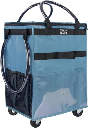 Reusable Grocery Bag On Wheels (Large, Blue) Shopping Trolley with 8 Pockets and Zipper Cover Foldable Rolling Tote, Heavy Duty Handles, Carries Up to 66 LBS