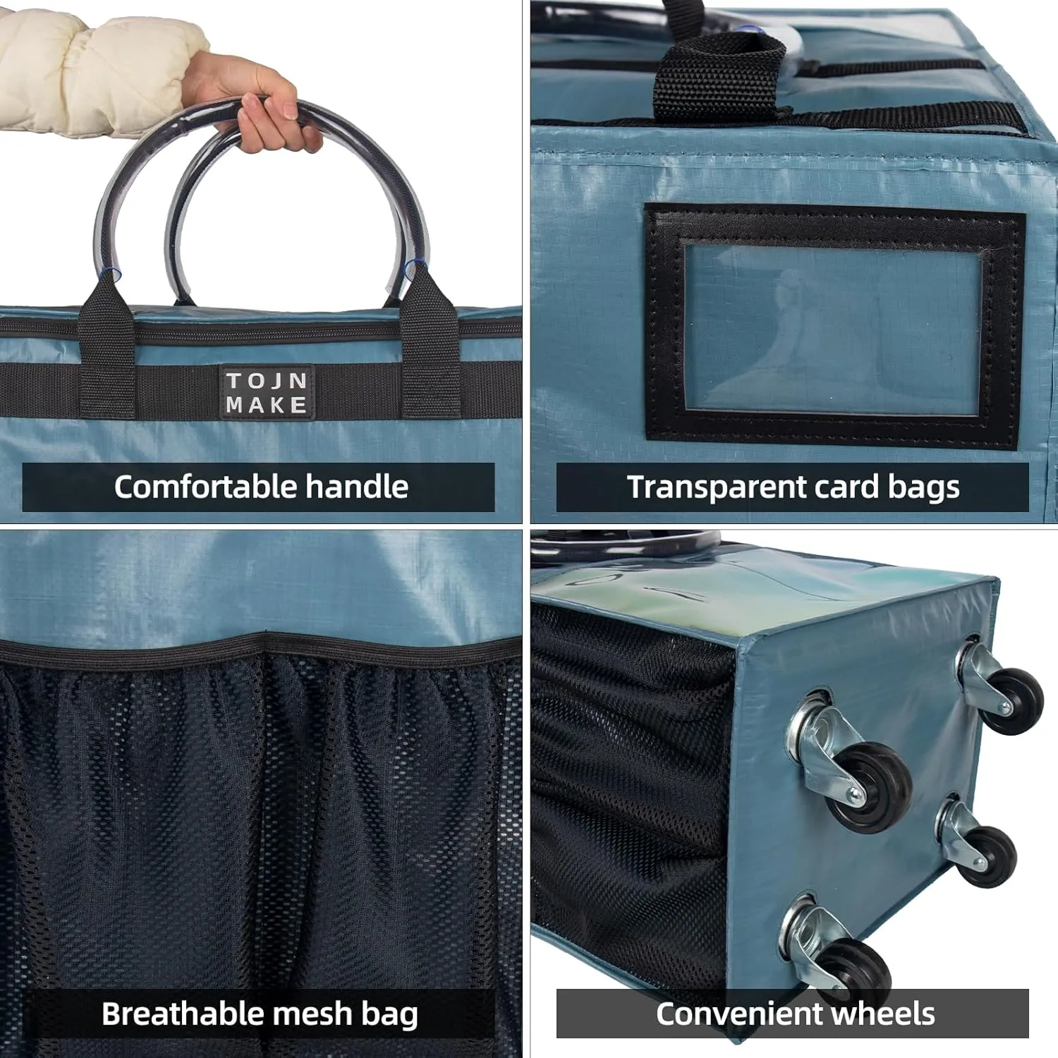 Reusable Grocery Bag On Wheels (Large, Blue) Shopping Trolley with 8 Pockets and Zipper Cover Foldable Rolling Tote, Heavy Duty Handles, Carries Up to 66 LBS