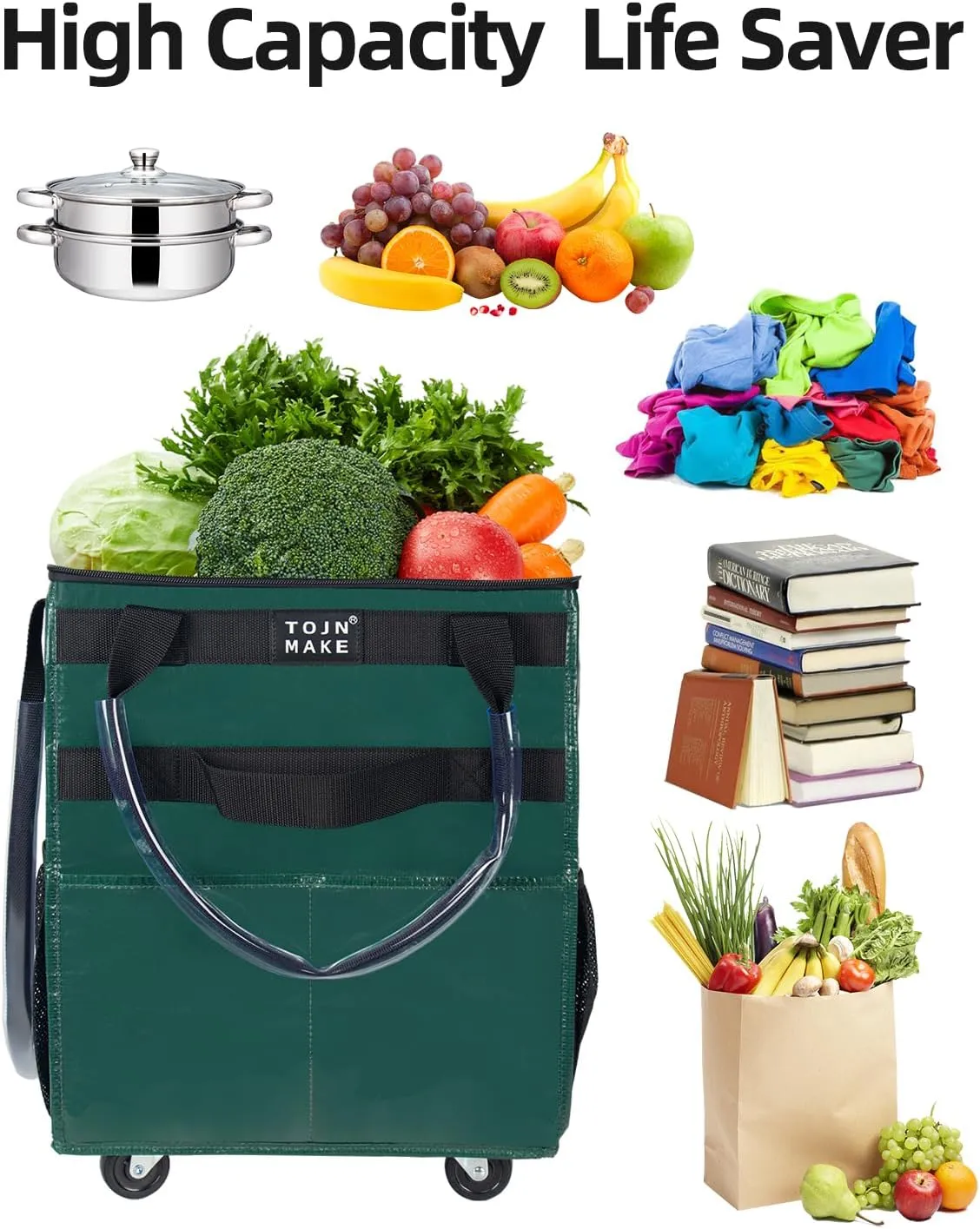 Reusable Grocery Bag On Wheels Shopping Trolley with 8 Pockets and Zipper Cover Foldable Rolling Tote, Heavy Duty Handles, Carries Up to 22 LBS (Small, Green)