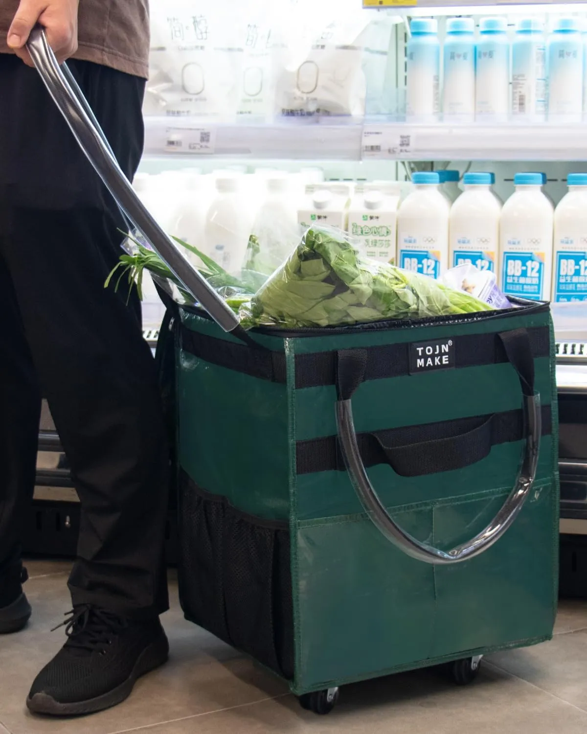 Reusable Grocery Bag On Wheels Shopping Trolley with 8 Pockets and Zipper Cover Foldable Rolling Tote, Heavy Duty Handles, Carries Up to 22 LBS (Small, Green)