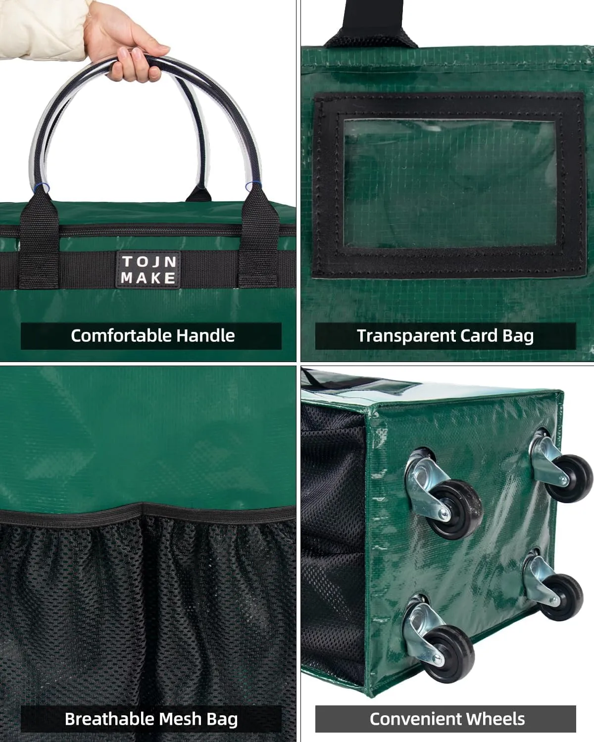 Reusable Grocery Bag On Wheels Shopping Trolley with 8 Pockets and Zipper Cover Foldable Rolling Tote, Heavy Duty Handles, Carries Up to 22 LBS (Small, Green)