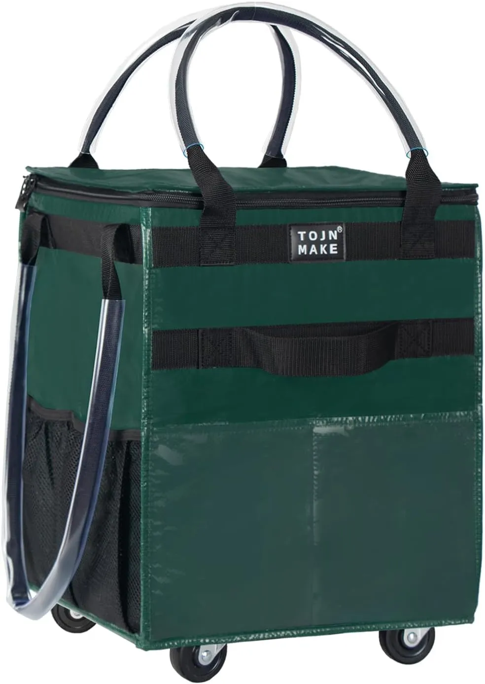 Reusable Grocery Bag On Wheels Shopping Trolley with 8 Pockets and Zipper Cover Foldable Rolling Tote, Heavy Duty Handles, Carries Up to 22 LBS (Small, Green)
