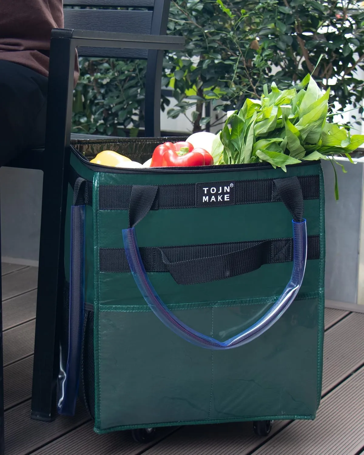 Reusable Grocery Bag On Wheels Shopping Trolley with 8 Pockets and Zipper Cover Foldable Rolling Tote, Heavy Duty Handles, Carries Up to 22 LBS (Small, Green)