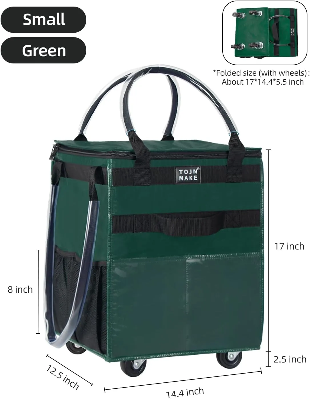 Reusable Grocery Bag On Wheels Shopping Trolley with 8 Pockets and Zipper Cover Foldable Rolling Tote, Heavy Duty Handles, Carries Up to 22 LBS (Small, Green)