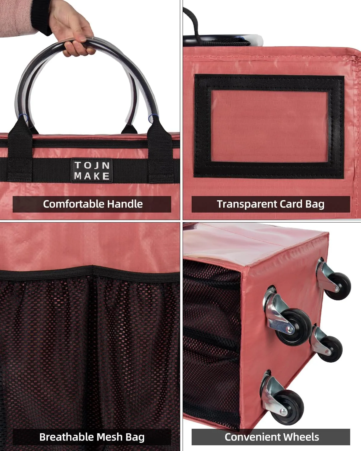 Reusable Grocery Bag On Wheels Shopping Trolley with 8 Pockets and Zipper Cover Foldable Rolling Tote, Heavy Duty Handles, Carries Up to 22 LBS (Small, Pink)