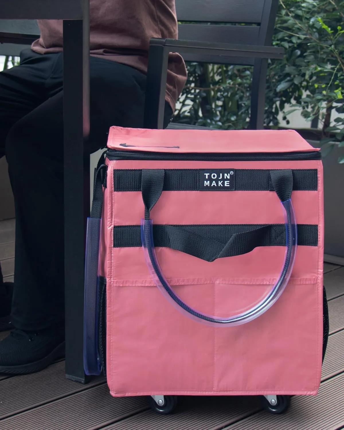 Reusable Grocery Bag On Wheels Shopping Trolley with 8 Pockets and Zipper Cover Foldable Rolling Tote, Heavy Duty Handles, Carries Up to 22 LBS (Small, Pink)
