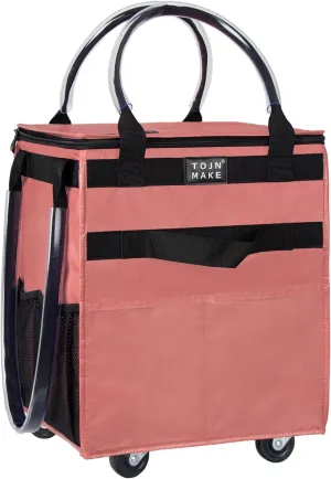 Reusable Grocery Bag On Wheels Shopping Trolley with 8 Pockets and Zipper Cover Foldable Rolling Tote, Heavy Duty Handles, Carries Up to 22 LBS (Small, Pink)