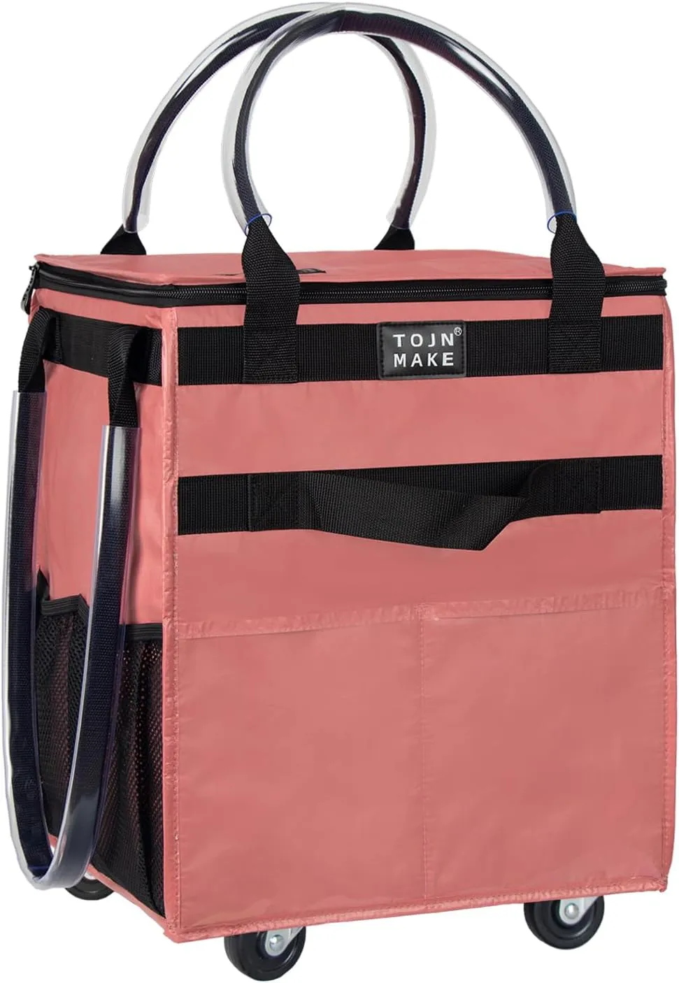 Reusable Grocery Bag On Wheels Shopping Trolley with 8 Pockets and Zipper Cover Foldable Rolling Tote, Heavy Duty Handles, Carries Up to 22 LBS (Small, Pink)
