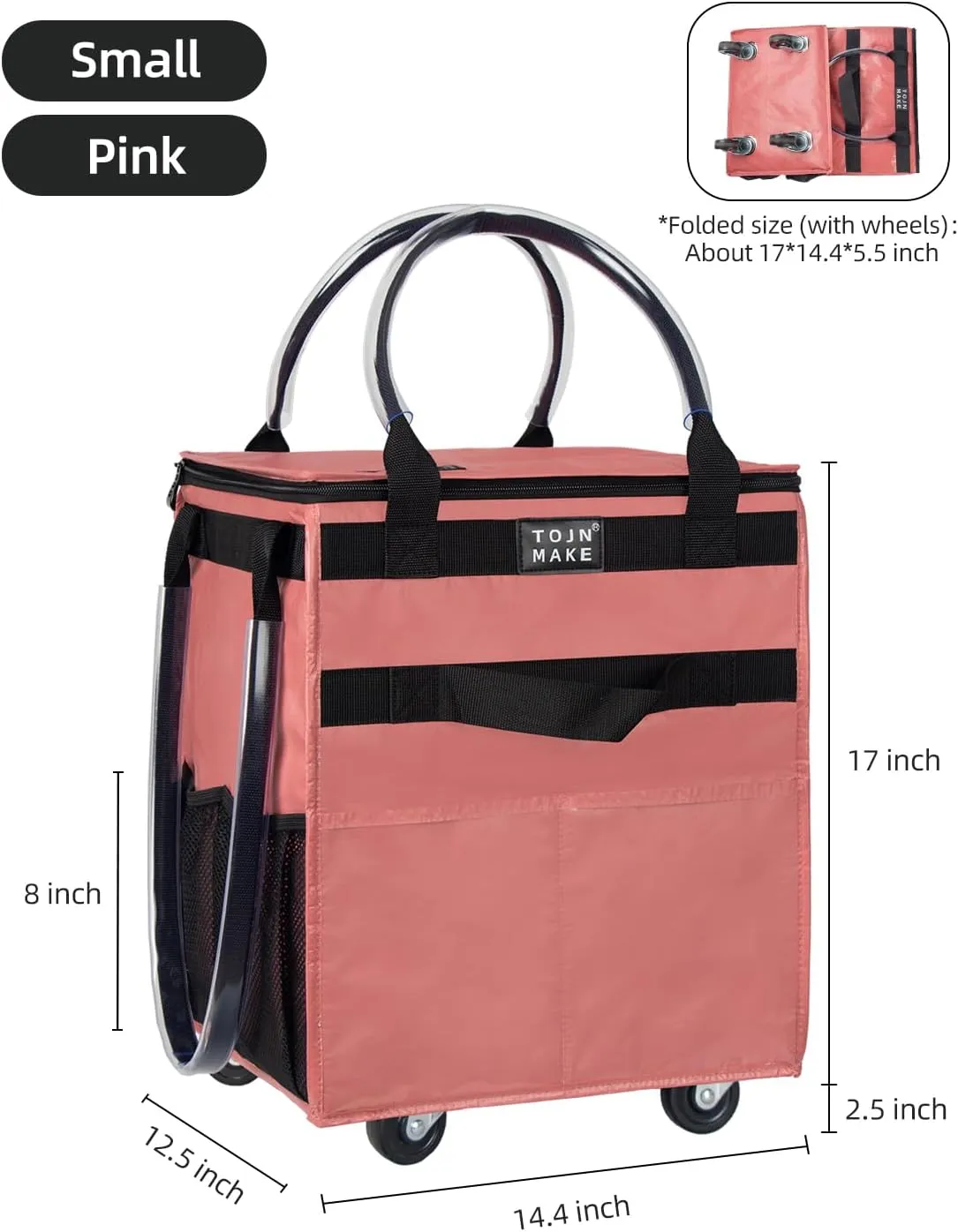 Reusable Grocery Bag On Wheels Shopping Trolley with 8 Pockets and Zipper Cover Foldable Rolling Tote, Heavy Duty Handles, Carries Up to 22 LBS (Small, Pink)