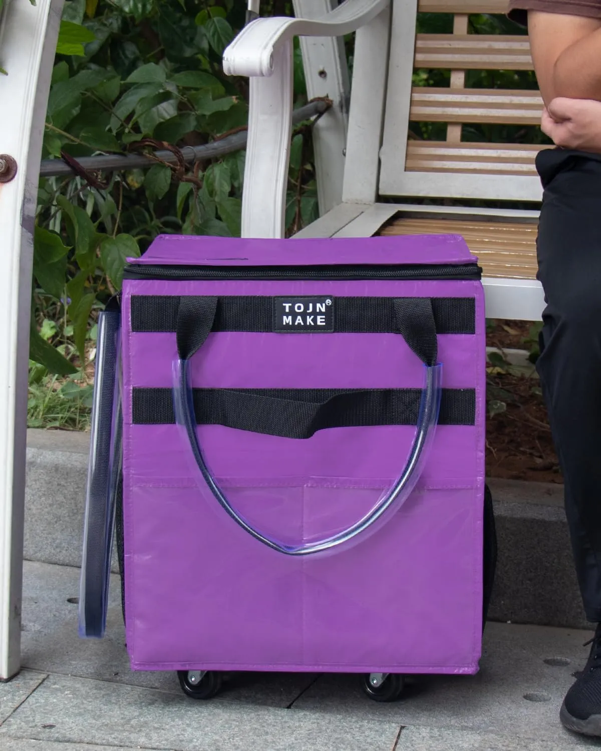 Reusable Grocery Bag On Wheels Shopping Trolley with 8 Pockets and Zipper Cover Foldable Rolling Tote, Heavy Duty Handles, Carries Up to 22 LBS (Small, Purple)