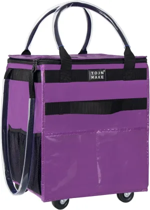 Reusable Grocery Bag On Wheels Shopping Trolley with 8 Pockets and Zipper Cover Foldable Rolling Tote, Heavy Duty Handles, Carries Up to 22 LBS (Small, Purple)