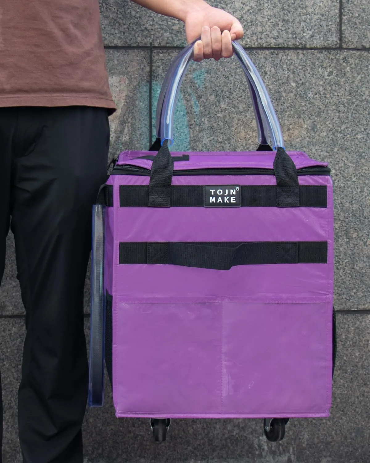Reusable Grocery Bag On Wheels Shopping Trolley with 8 Pockets and Zipper Cover Foldable Rolling Tote, Heavy Duty Handles, Carries Up to 22 LBS (Small, Purple)
