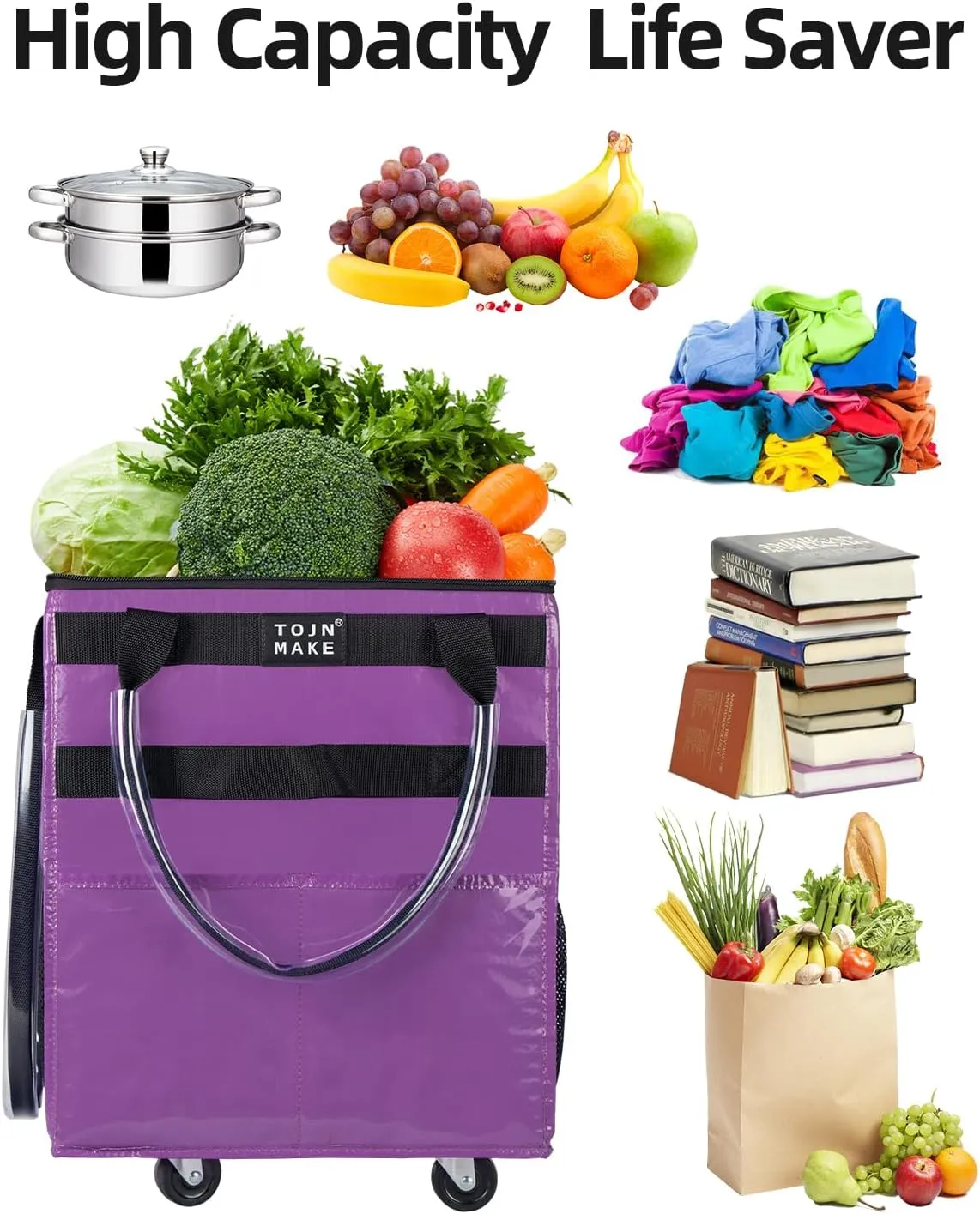Reusable Grocery Bag On Wheels Shopping Trolley with 8 Pockets and Zipper Cover Foldable Rolling Tote, Heavy Duty Handles, Carries Up to 22 LBS (Small, Purple)