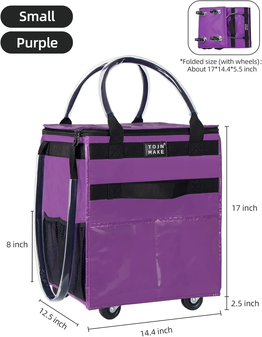 Reusable Grocery Bag On Wheels Shopping Trolley with 8 Pockets and Zipper Cover Foldable Rolling Tote, Heavy Duty Handles, Carries Up to 22 LBS (Small, Purple)