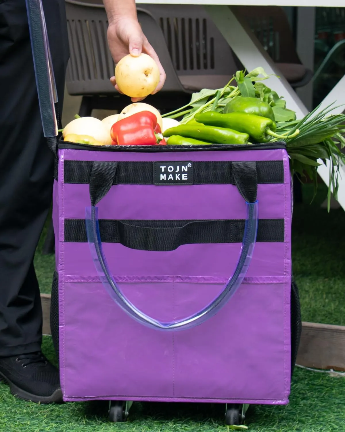 Reusable Grocery Bag On Wheels Shopping Trolley with 8 Pockets and Zipper Cover Foldable Rolling Tote, Heavy Duty Handles, Carries Up to 22 LBS (Small, Purple)