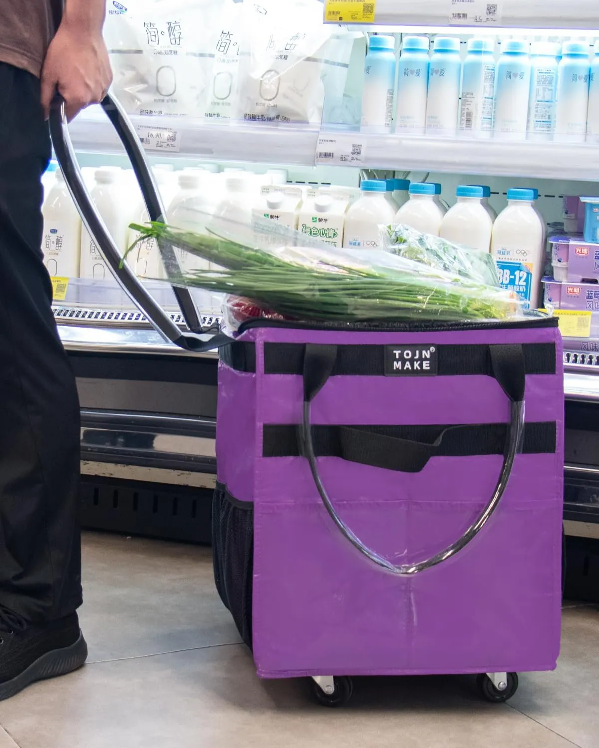Reusable Grocery Bag On Wheels Shopping Trolley with 8 Pockets and Zipper Cover Foldable Rolling Tote, Heavy Duty Handles, Carries Up to 22 LBS (Small, Purple)