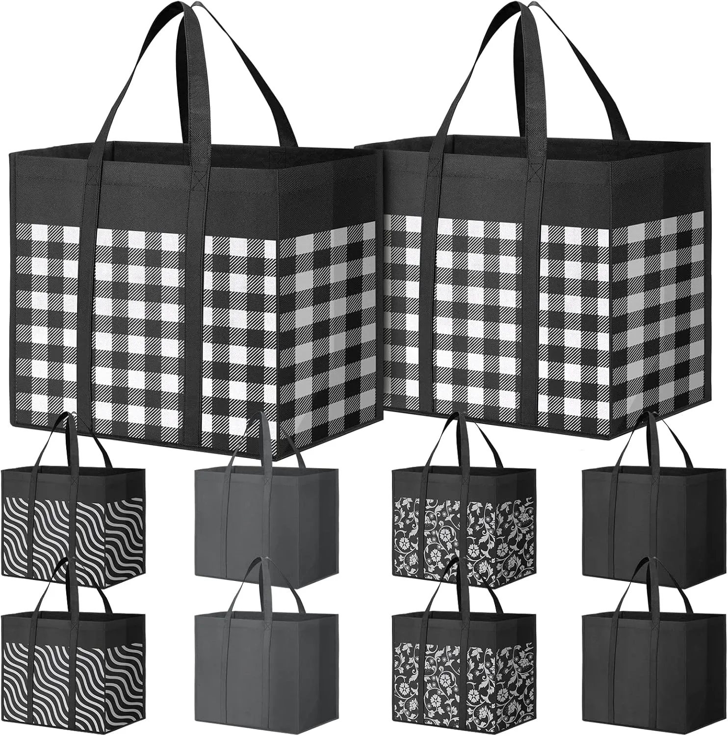 Reusable Grocery Bags 10-Pack, Large Foldable Reusable Shopping Tote Bags Bulk for Groceries, Waterproof Kitchen Cloth Produce Bags with Long Handles, Lightweight-Plaid Style G