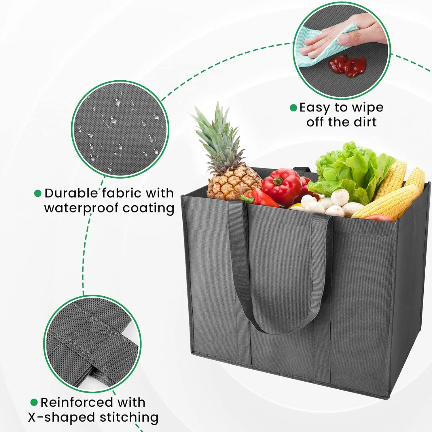 Reusable Grocery Bags 10-Pack, Large Foldable Reusable Shopping Tote Bags Bulk for Groceries, Waterproof Kitchen Cloth Produce Bags with Long Handles, Lightweight-Plaid Style G