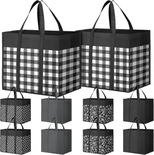 Reusable Grocery Bags 10-Pack, Large Foldable Reusable Shopping Tote Bags Bulk for Groceries, Waterproof Kitchen Cloth Produce Bags with Long Handles, Lightweight-Plaid Style G