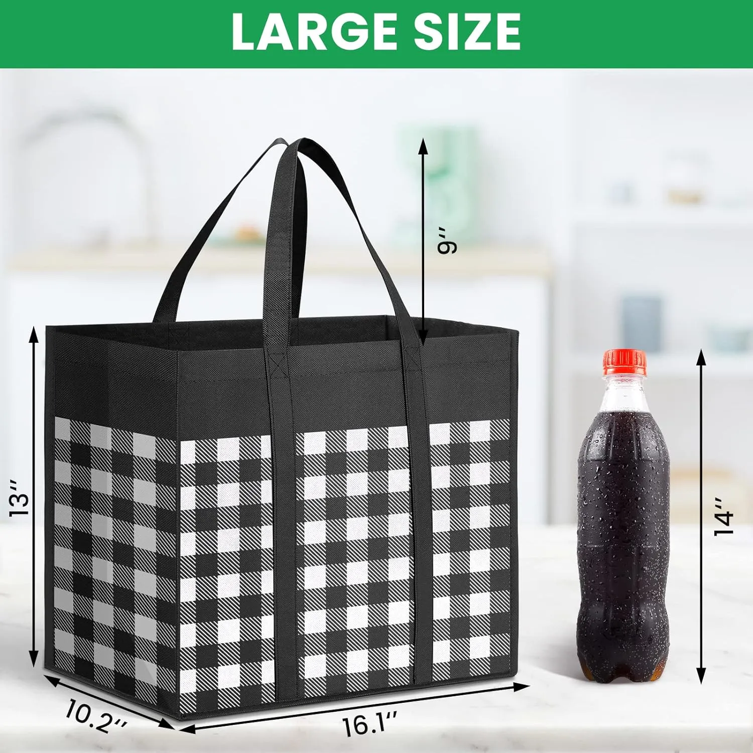 Reusable Grocery Bags 10-Pack, Large Foldable Reusable Shopping Tote Bags Bulk for Groceries, Waterproof Kitchen Cloth Produce Bags with Long Handles, Lightweight-Plaid Style G