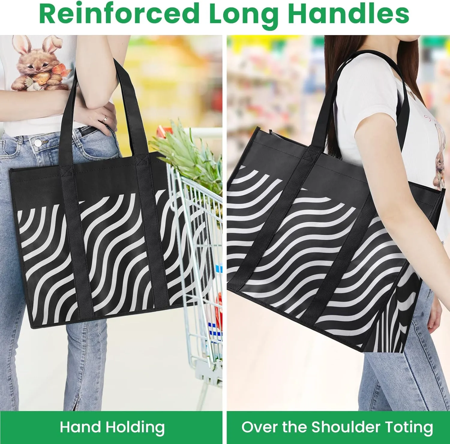 Reusable Grocery Bags 10-Pack, Large Foldable Reusable Shopping Tote Bags Bulk for Groceries, Waterproof Kitchen Cloth Produce Bags with Long Handles, Lightweight-Plaid Style G