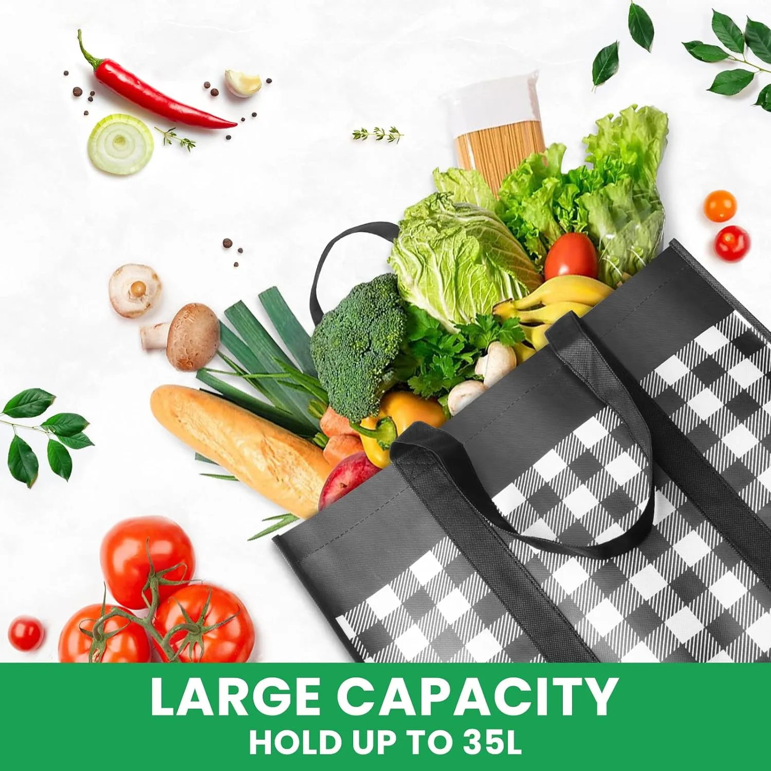 Reusable Grocery Bags 10-Pack, Large Foldable Reusable Shopping Tote Bags Bulk for Groceries, Waterproof Kitchen Cloth Produce Bags with Long Handles, Lightweight-Plaid Style G
