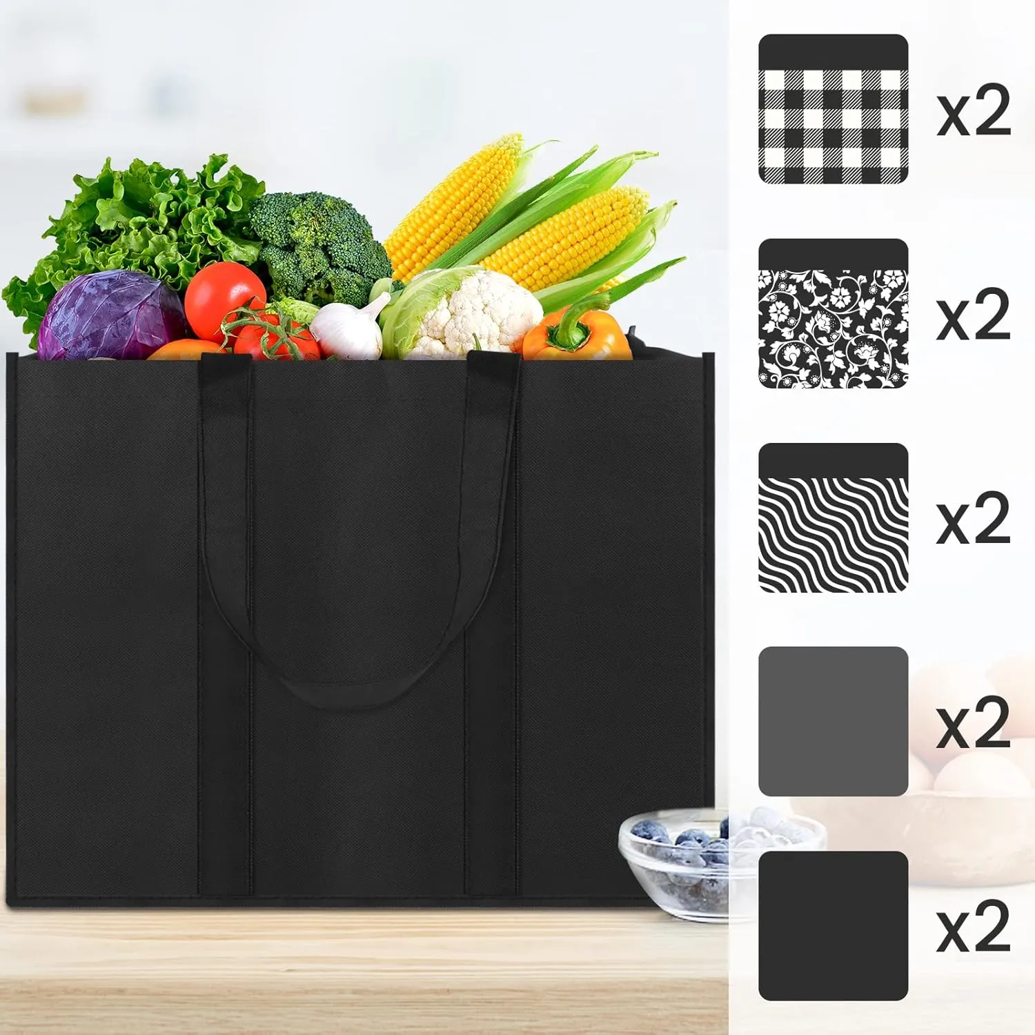 Reusable Grocery Bags 10-Pack, Large Foldable Reusable Shopping Tote Bags Bulk for Groceries, Waterproof Kitchen Cloth Produce Bags with Long Handles, Lightweight-Plaid Style G