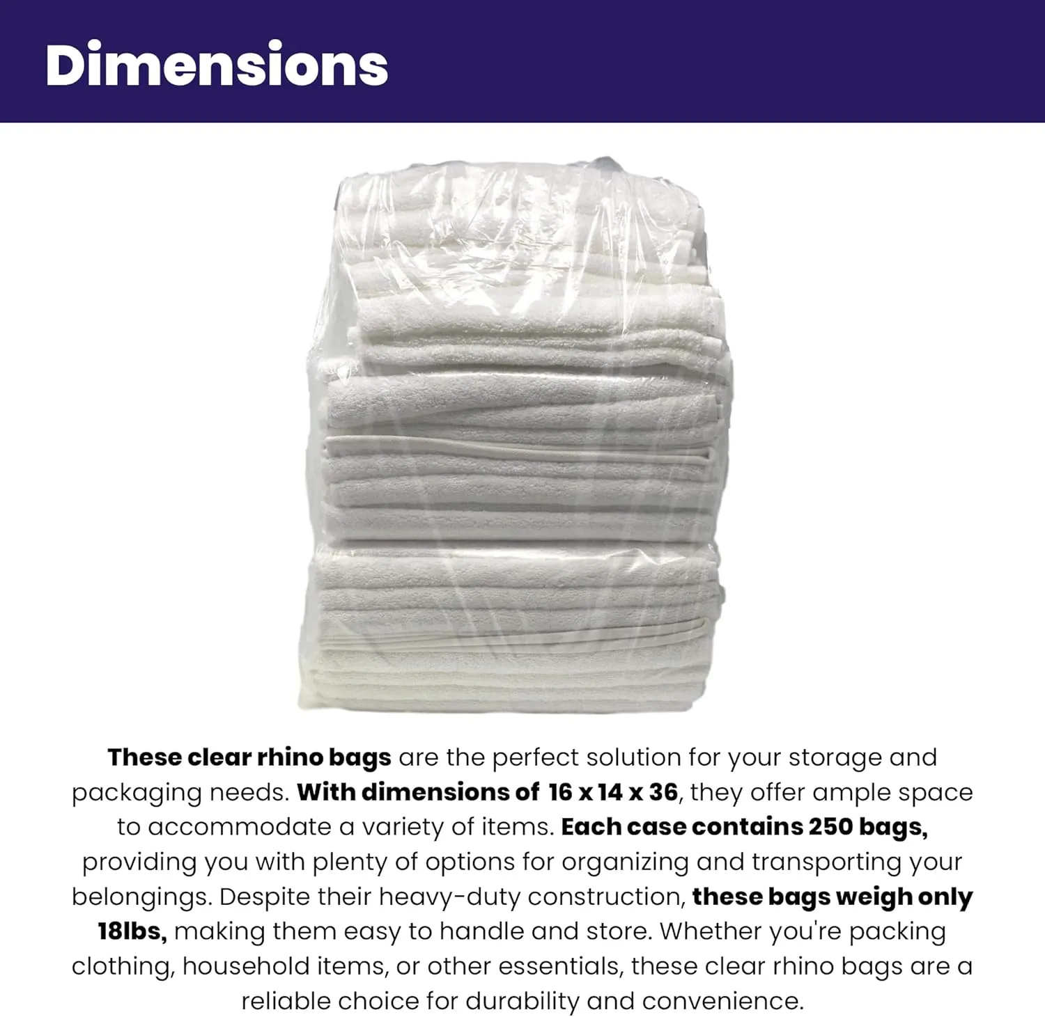 Rhino Bag: 30 Gal Capacity Heavy Duty and Waterproof Large Clear Plastic Storage Bags Jumbo Size for Clothes, Comforters, Luggage, Bedding, Travel Supplies, Packing and Moving - Reusable