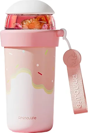 Rhino.Life Insulated 20oz Wide Tea Infuser Insulated Bottle with Carry Handle loose leaf Tea Bag Ocean Style Cold Brew Coffee Fruit Vacuum Bottle (Pink White)