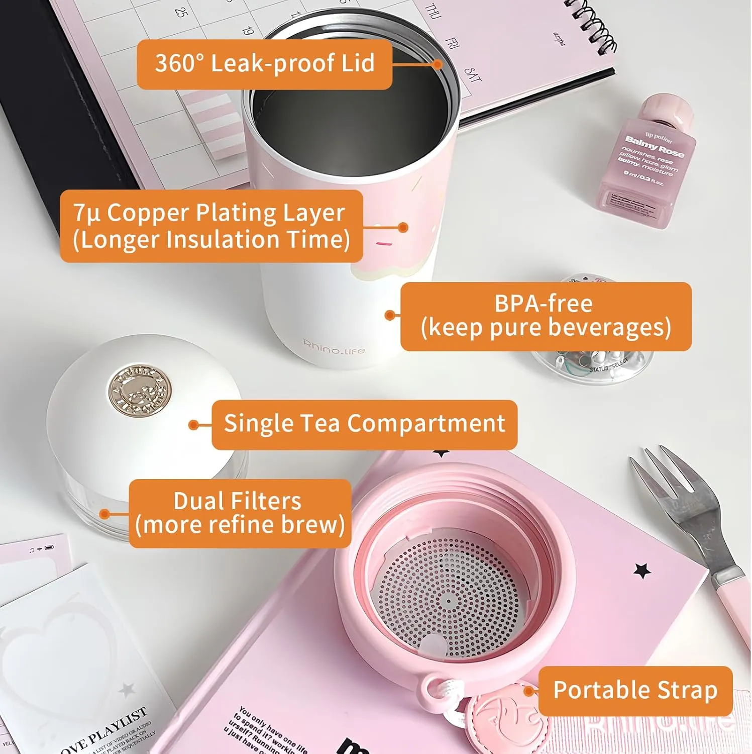 Rhino.Life Insulated 20oz Wide Tea Infuser Insulated Bottle with Carry Handle loose leaf Tea Bag Ocean Style Cold Brew Coffee Fruit Vacuum Bottle (Pink White)