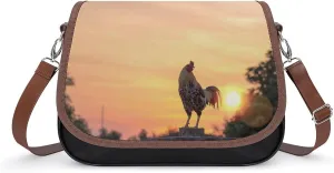 Rooster and Sunrise Cute Crossbody Purses for Women Leather Shoulder Bag Adjustable Shoulder Strap Handbag