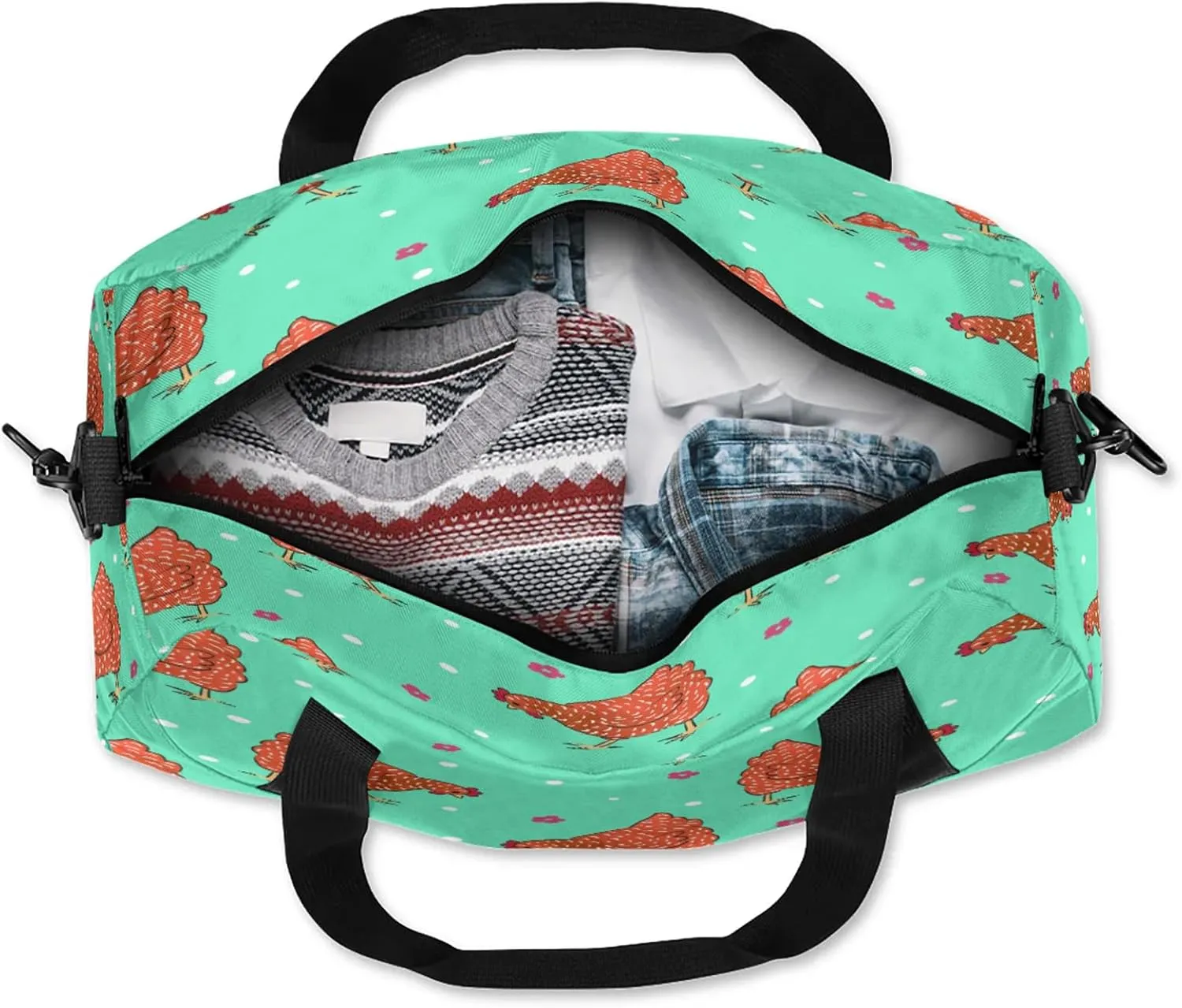 Rooster Chicken Hen Kids Duffel Bag Lightweight Waterproof Sports Gym Bag with Front Zipper Pocket Foldable Weekender Overnight Bag for School Practice Gymnastic Ballet