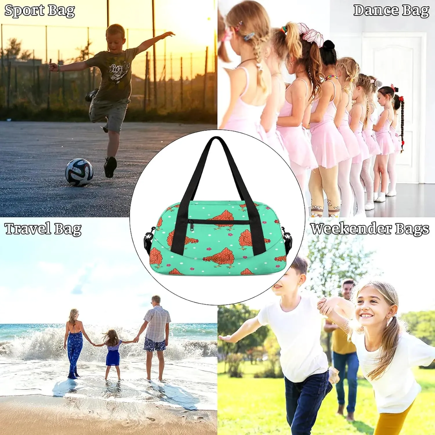 Rooster Chicken Hen Kids Duffel Bag Lightweight Waterproof Sports Gym Bag with Front Zipper Pocket Foldable Weekender Overnight Bag for School Practice Gymnastic Ballet