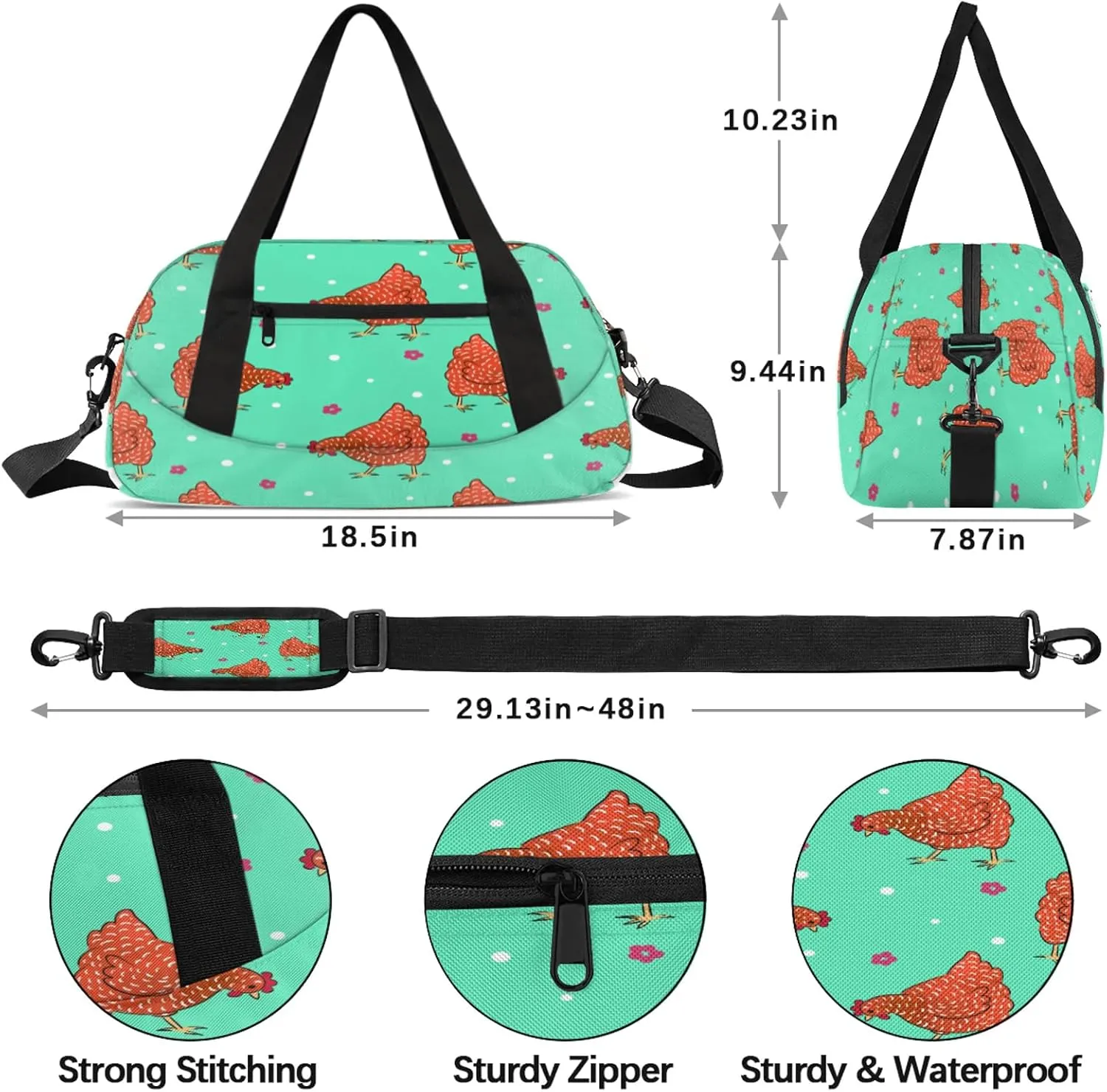 Rooster Chicken Hen Kids Duffel Bag Lightweight Waterproof Sports Gym Bag with Front Zipper Pocket Foldable Weekender Overnight Bag for School Practice Gymnastic Ballet