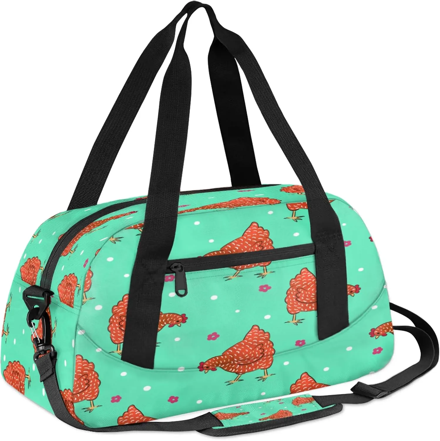 Rooster Chicken Hen Kids Duffel Bag Lightweight Waterproof Sports Gym Bag with Front Zipper Pocket Foldable Weekender Overnight Bag for School Practice Gymnastic Ballet