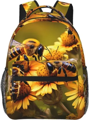 Rural Honey Bees Flowers Print Laptop Backpack College Backpack Travel Casual Business Rucksack For Men Women, Black, SB-122
