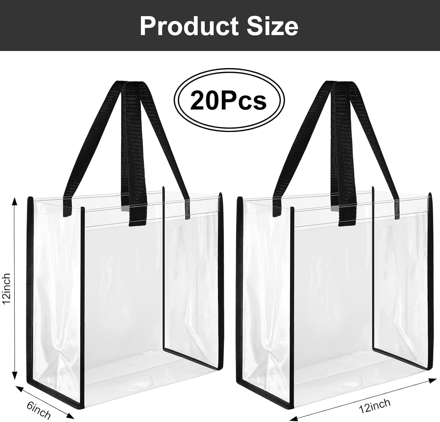 Saintrygo 20 Pack Clear Tote Bags Bulk 12 x 12 x 6 Inch PVC Plastic Tote Bag with Handles for Stadium Work Beach Lunch Sports Concerts(Black)