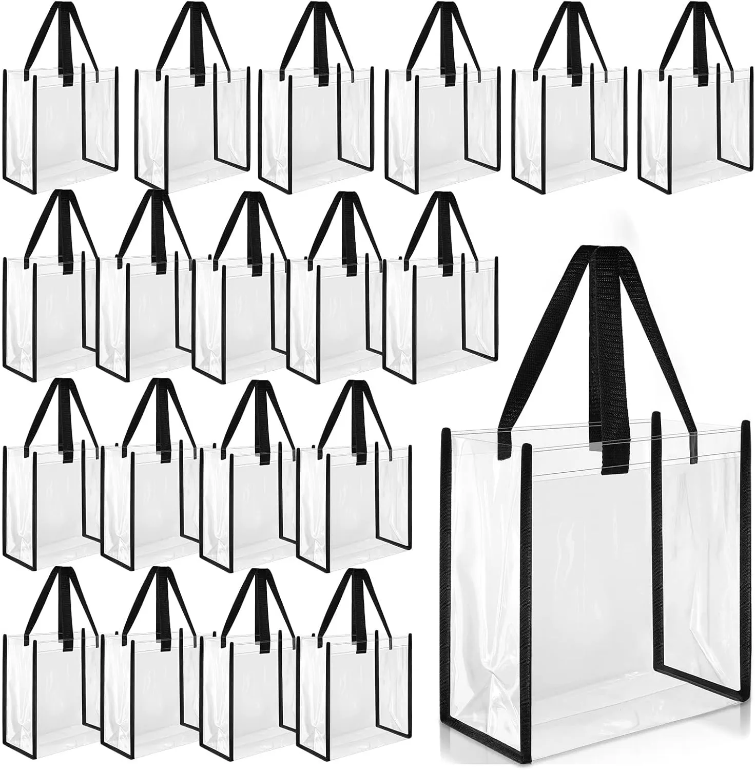 Saintrygo 20 Pack Clear Tote Bags Bulk 12 x 12 x 6 Inch PVC Plastic Tote Bag with Handles for Stadium Work Beach Lunch Sports Concerts(Black)