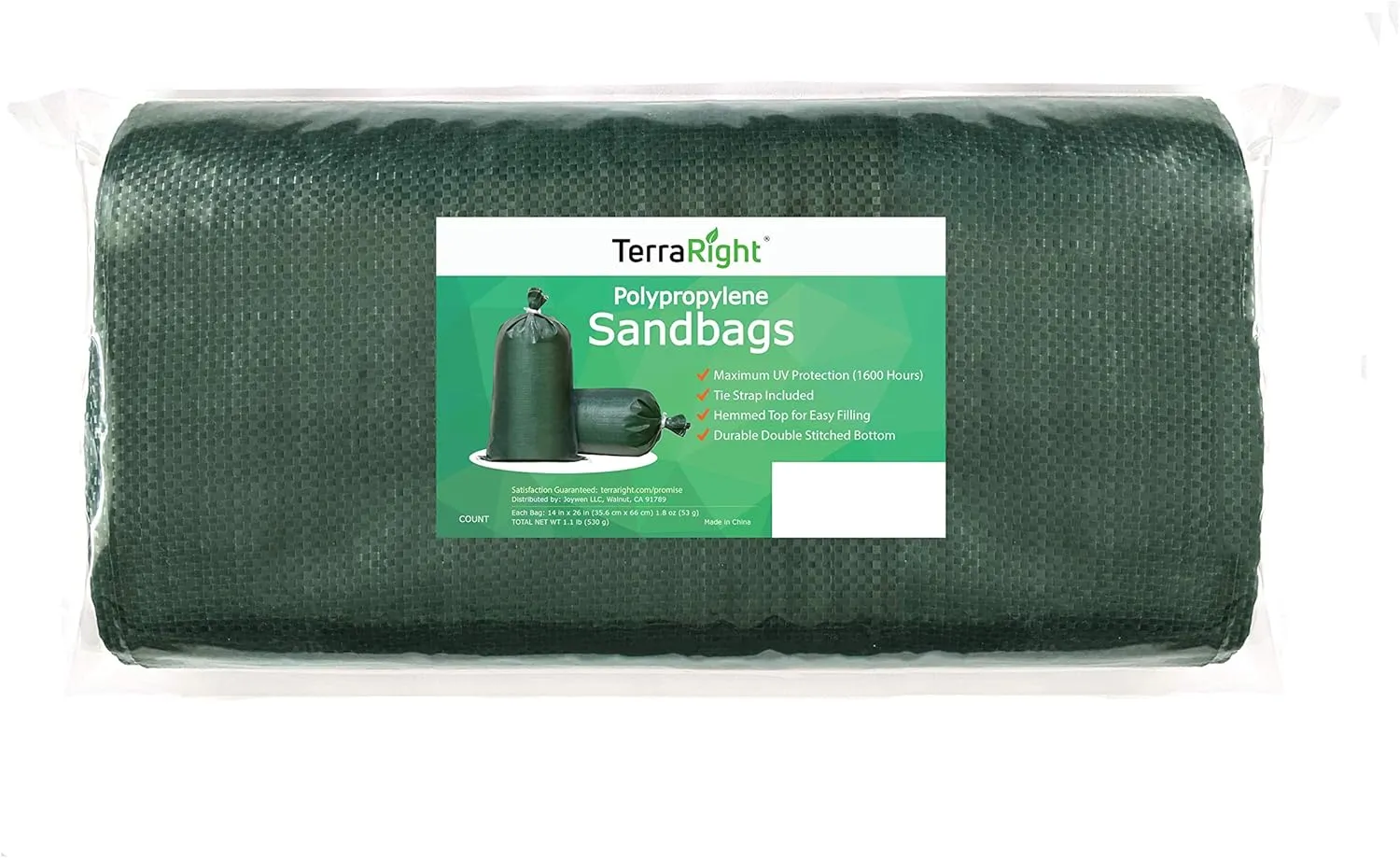 Sandbags - Extra Durable Empty Green Woven Polypropylene Sand Bags w/Ties, Max. UV Protection, 14" x 26" (100 Count)
