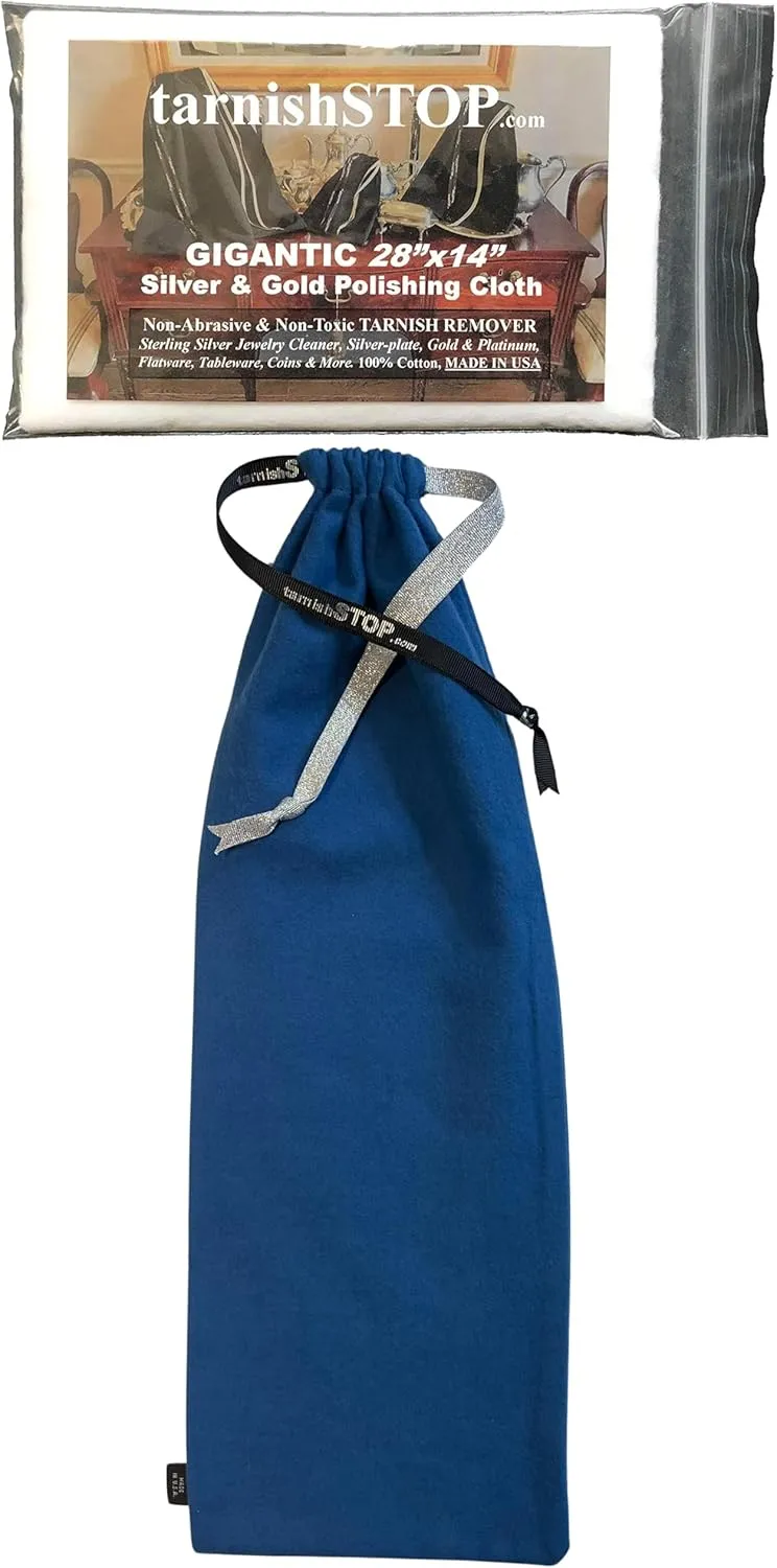 Save 3.00 | TarnishSTOP | USA Made | Luxury Anti-Tarnish Bag (18"x6", Blue) | Silver Storage Bundle with Tarnish Removal Polishing Cloth for Silverplate, Sterling, Jewelry & Flatware
