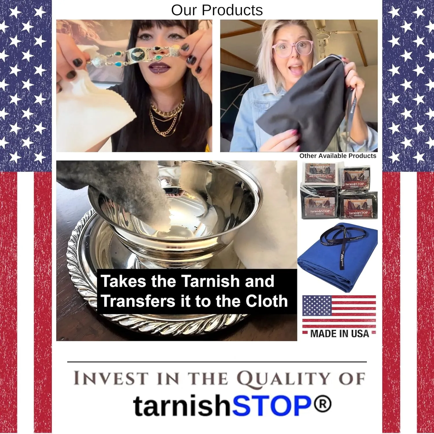 Save 3.00 | TarnishSTOP | USA Made | Luxury Anti-Tarnish Bag (18"x6", Blue) | Silver Storage Bundle with Tarnish Removal Polishing Cloth for Silverplate, Sterling, Jewelry & Flatware