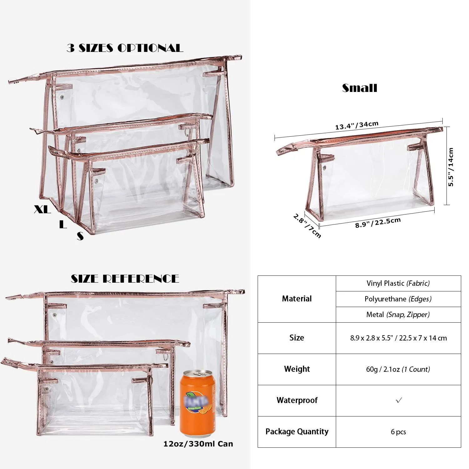 Sea Team 6-Pack Transparent Waterproof Cosmetic Bags with Zipper, Clear Vinyl Plastic Makeup Bags, Portable Travel Toiletry Pouch, Organizer, Pencil Case (Metallic, Small/8.9")
