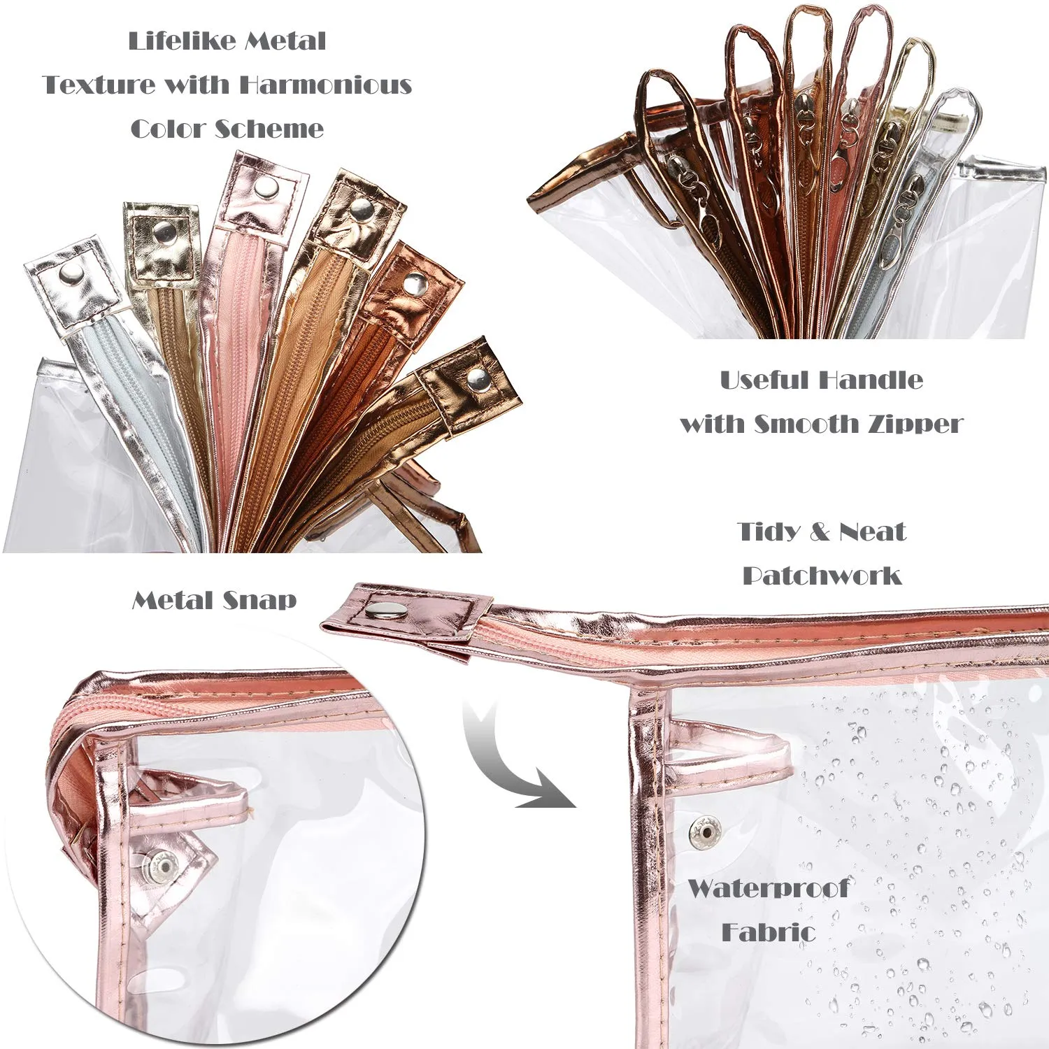 Sea Team 6-Pack Transparent Waterproof Cosmetic Bags with Zipper, Clear Vinyl Plastic Makeup Bags, Portable Travel Toiletry Pouch, Organizer, Pencil Case (Metallic, Small/8.9")