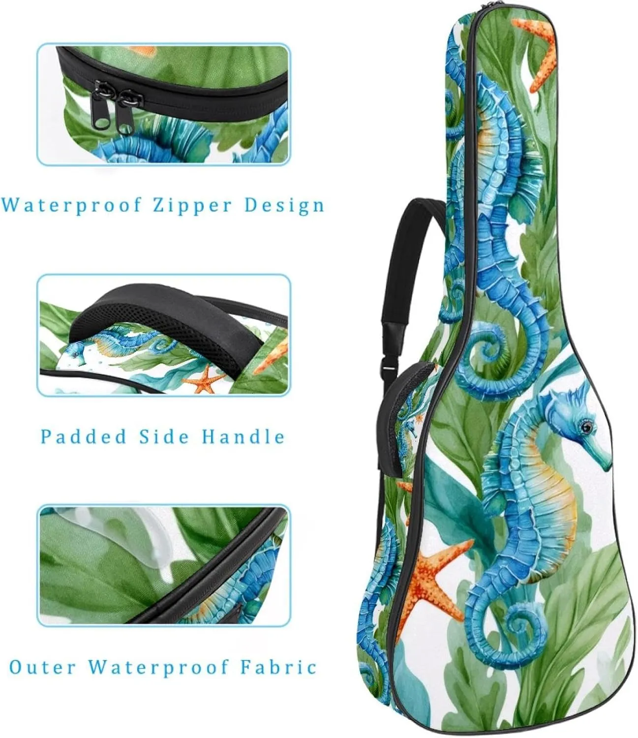 Seahorse Sea Algae with Bubbles and Starfish Acoustic Guitar Bag, Guitar Case Gig Bag 40 41 42 inch with Dual Adjustable Shoulder Strap and Back Hanger Loop