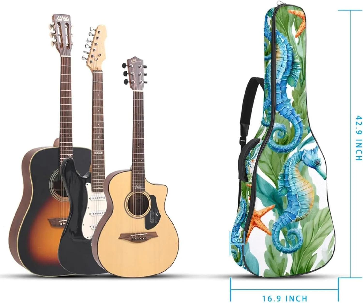 Seahorse Sea Algae with Bubbles and Starfish Acoustic Guitar Bag, Guitar Case Gig Bag 40 41 42 inch with Dual Adjustable Shoulder Strap and Back Hanger Loop